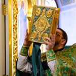Литургия в праздник Входа Господня в Иерусалим в кафедральном Свято-Александро-Невском соборе.