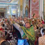 Литургия в праздник Входа Господня в Иерусалим в кафедральном Свято-Александро-Невском соборе.